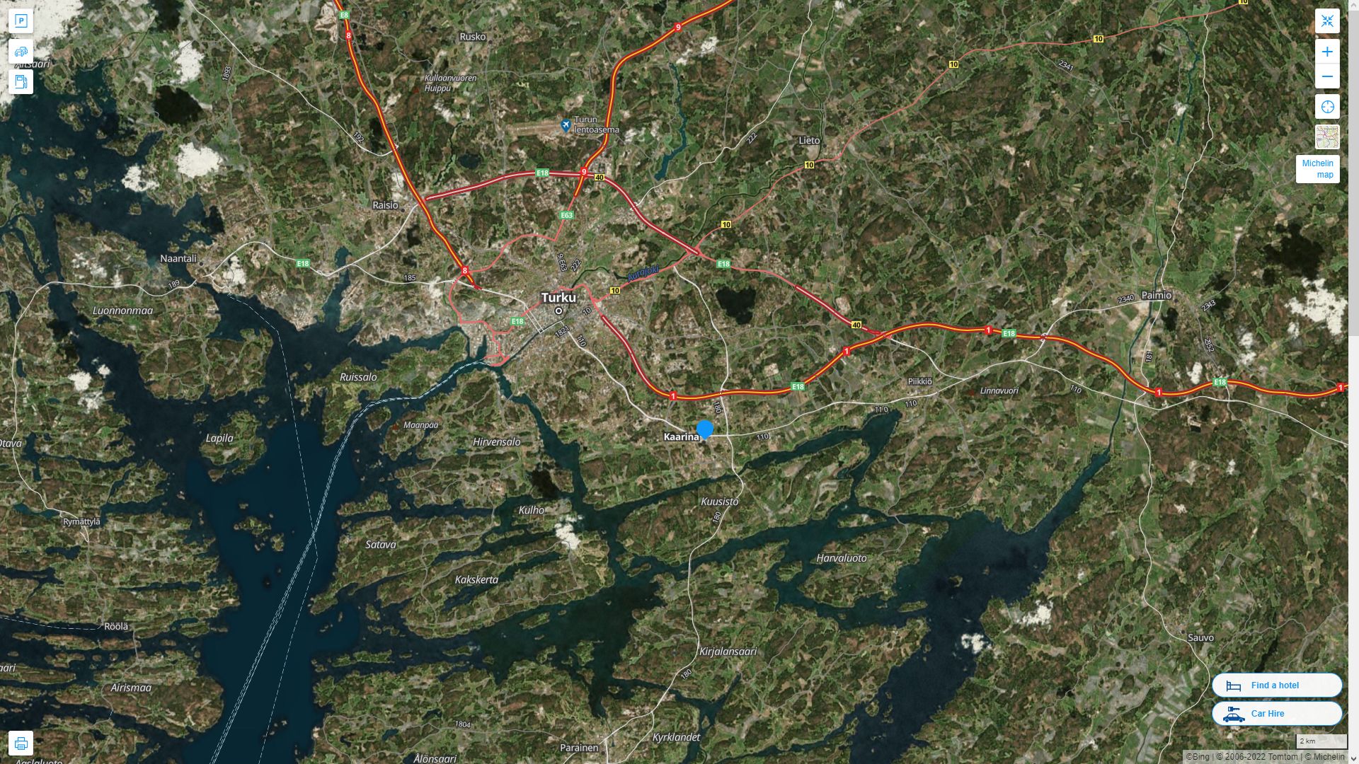 Kaarina Finlande Autoroute et carte routiere avec vue satellite